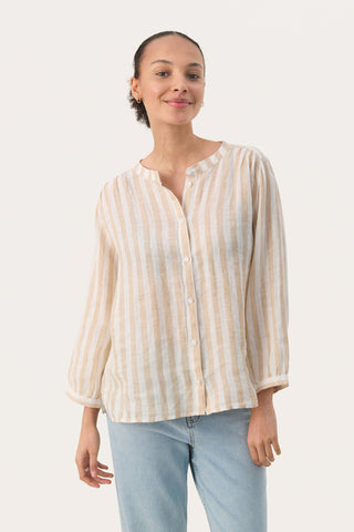 Part Two Striped Linen Blouse Beige White Persilles