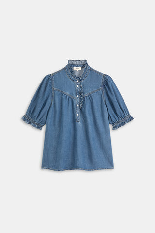 Suncoo Chambray Frill Edge Top Blue Louise