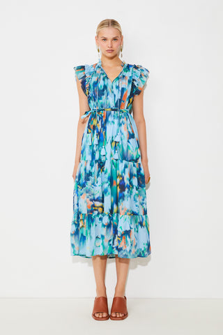 Suncoo Print Tiered Midi Dress Turquoise Calipso