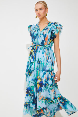 Suncoo Print Tiered Midi Dress Turquoise Calipso