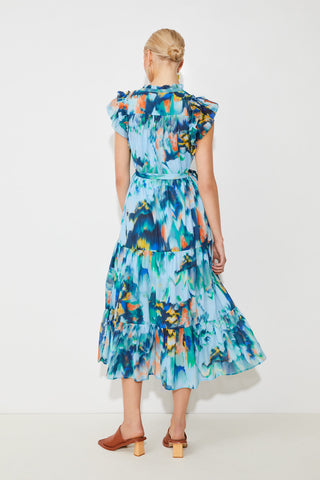 Suncoo Print Tiered Midi Dress Turquoise Calipso