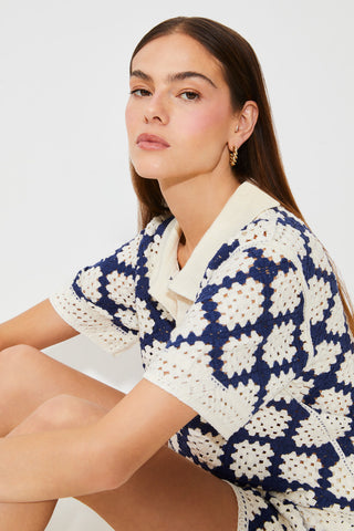 Suncoo Crotchet Top with Collar Blue Ivory Perisol