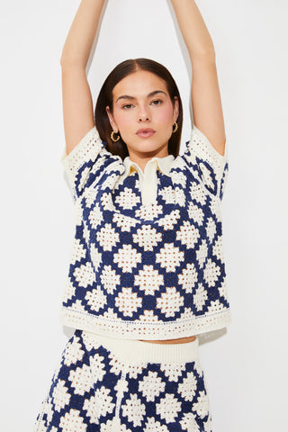 Suncoo Crotchet Top with Collar Blue Ivory Perisol