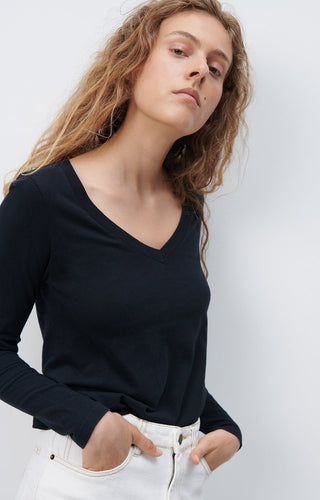 American Vintage Long Sleeve V - Neck Top in Black Gamipy - MMJs Fashion