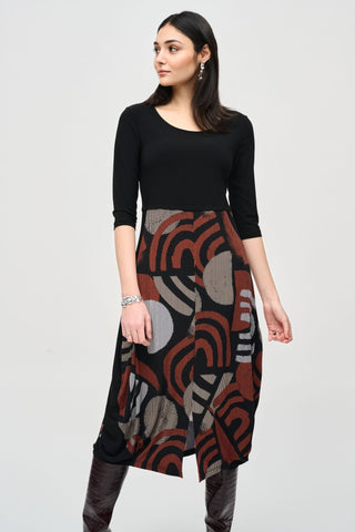 Joseph Ribkoff Black Brown Geometric Print Cocoon Dress - MMJs Fashion