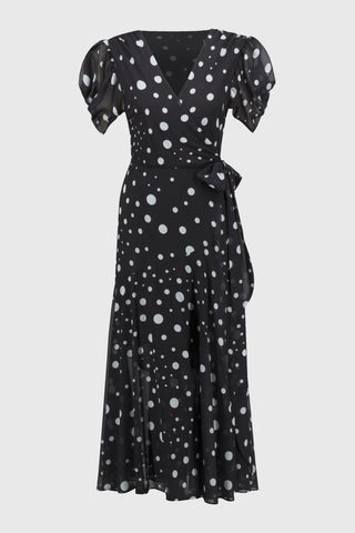 Joseph Ribkoff Chiffon Dot Print Wrap Dress Black Ivory - MMJs Fashion