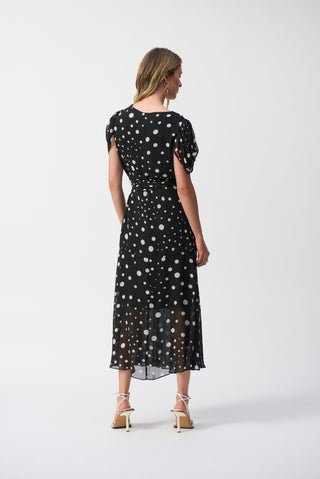 Joseph Ribkoff Chiffon Dot Print Wrap Dress Black Ivory - MMJs Fashion