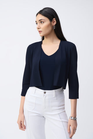 Joseph Ribkoff Cropped Cardigan with Pearl Ornament Blue - MMJs Fashion