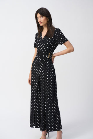 Joseph Ribkoff Dot Print Wrap Culotte Jumpsuit Black Ivory - MMJs Fashion