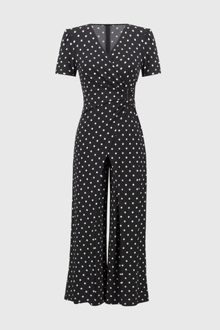 Joseph Ribkoff Dot Print Wrap Culotte Jumpsuit Black Ivory - MMJs Fashion