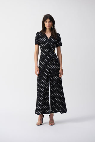 Joseph Ribkoff Dot Print Wrap Culotte Jumpsuit Black Ivory - MMJs Fashion