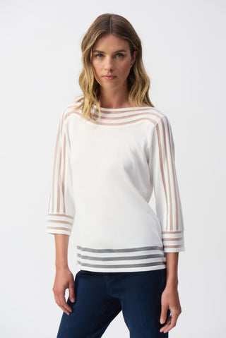 Joseph Ribkoff Fine Knit Jumper with Mesh Stripe Detail Ivory - MMJs Fashion