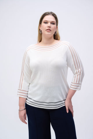 Joseph Ribkoff Fine Knit Jumper with Mesh Stripe Detail Ivory - MMJs Fashion