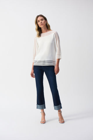 Joseph Ribkoff Fine Knit Jumper with Mesh Stripe Detail Ivory - MMJs Fashion