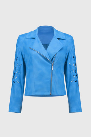 Joseph Ribkoff Foiled Faux - Suede Moto Jacket Blue - MMJs Fashion