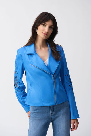 Joseph Ribkoff Foiled Faux - Suede Moto Jacket Blue - MMJs Fashion