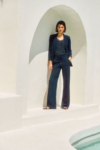 Joseph Ribkoff Seersucker Wide Leg Trousers Navy Blue - MMJs Fashion