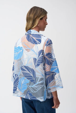 Joseph Ribkoff Sheer Leaf - Print Trapeze Jacket Blue - MMJs Fashion