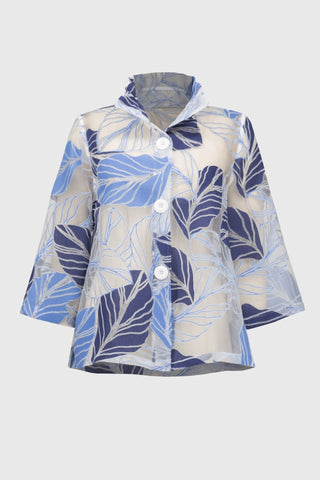 Joseph Ribkoff Sheer Leaf - Print Trapeze Jacket Blue - MMJs Fashion