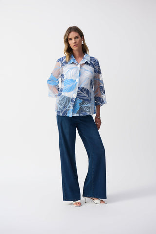 Joseph Ribkoff Sheer Leaf - Print Trapeze Jacket Blue - MMJs Fashion