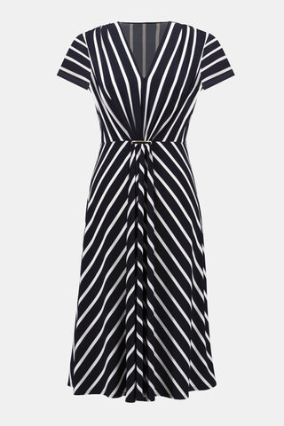 Joseph Ribkoff Silky Knit Stripe Fit and Flare Dress Navy Blue Ivory - MMJs Fashion