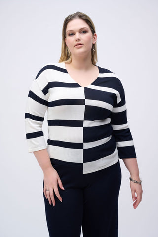 Joseph Ribkoff Striped V - Neck Jumper Navy Blue Ivory - MMJs Fashion