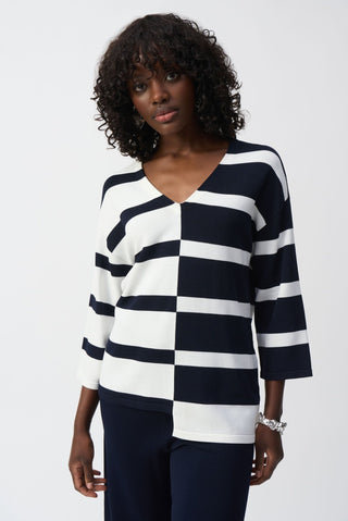 Joseph Ribkoff Striped V - Neck Jumper Navy Blue Ivory - MMJs Fashion