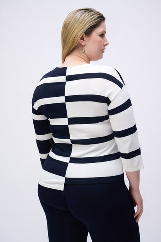 Joseph Ribkoff Striped V - Neck Jumper Navy Blue Ivory - MMJs Fashion