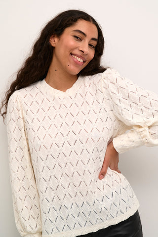 Kaffe Balloon Sleeve Openwork Top Ivory Tine - MMJs Fashion