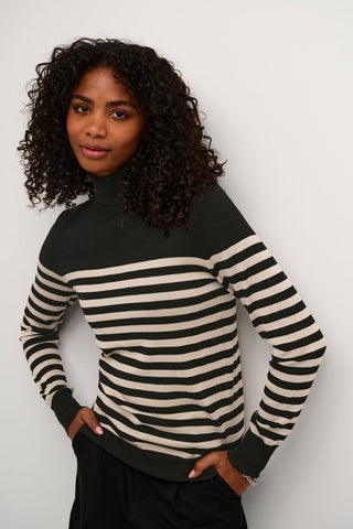 Kaffe Striped Roll Neck Jumper Black Beige Lizza - MMJs Fashion