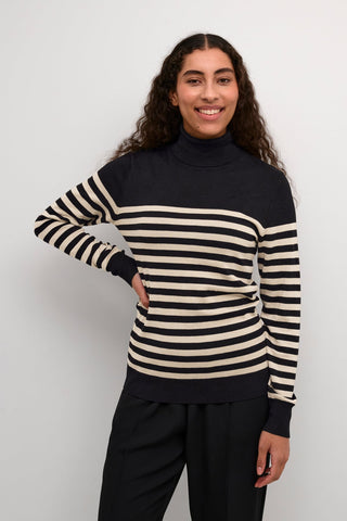 Kaffe Striped Roll Neck Jumper Black Beige Lizza - MMJs Fashion