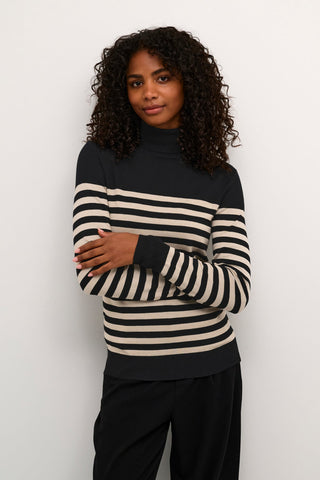 Kaffe Striped Roll Neck Jumper Black Beige Lizza - MMJs Fashion