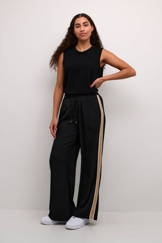 Kaffe Wide Leg Drawstring Trousers with Stripe Black Beige KAmille - MMJs Fashion