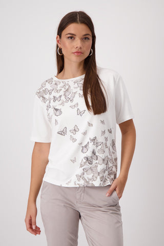 Monari Butterfly Print Rhinestone Top Ivory - MMJs Fashion