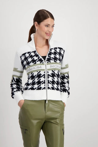 Monari Houndstooth Zip Cardigan Ivory Black Green - MMJs Fashion