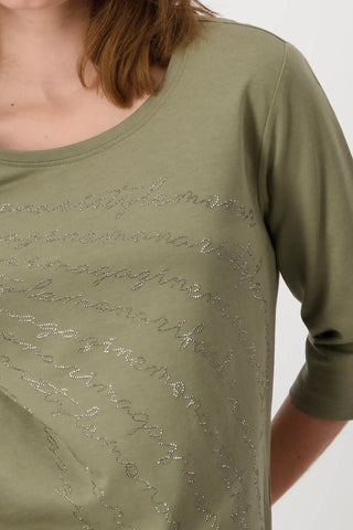 Monari Rhinestone Lettering Top Green - MMJs Fashion