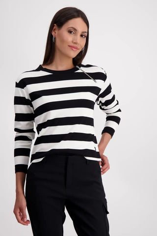 Monari Stripe Zip Neck Sweatshirt Black Ivory - MMJs Fashion