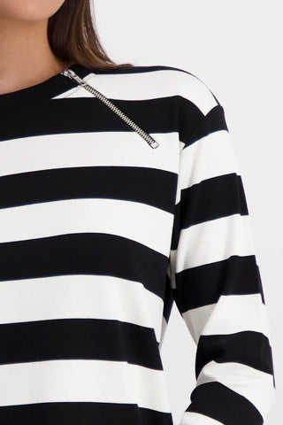 Monari Stripe Zip Neck Sweatshirt Black Ivory - MMJs Fashion