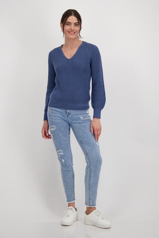 Monari V - Neck Jumper with Lurex Blue - MMJs Fashion