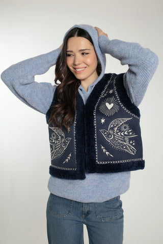 Nooki Embroidered Faux Shearling Gilet Navy Blue Freebird - MMJs Fashion