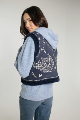 Nooki Embroidered Faux Shearling Gilet Navy Blue Freebird - MMJs Fashion