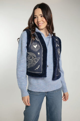 Nooki Embroidered Faux Shearling Gilet Navy Blue Freebird - MMJs Fashion