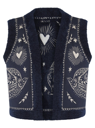 Nooki Embroidered Faux Shearling Gilet Navy Blue Freebird - MMJs Fashion