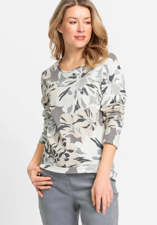 Olsen Abstract Floral Print Top Grey Ivory Edda - MMJs Fashion