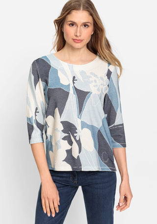 Olsen Blue Cream 3/4 Sleeve Abstract Print Sweatshirt - MMJs Fashion