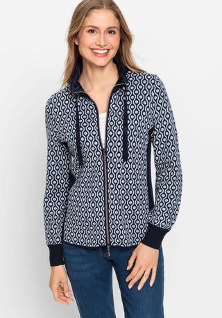 Olsen Blue Geometric Pattern Zip Front Cardigan - MMJs Fashion