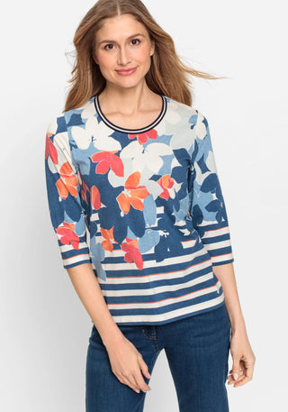 Olsen Blue Orange Floral Stripe Top - MMJs Fashion