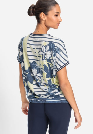 Olsen Floral Stripe Drawstring Top Navy Blue Yellow Clara - MMJs Fashion