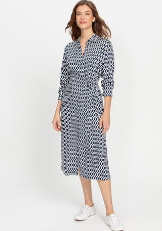 Olsen Print Tie Waist Dress Navy Blue - MMJs Fashion