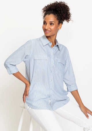 Olsen Stripe Roll Tab Sleeve Blouse Blue - MMJs Fashion